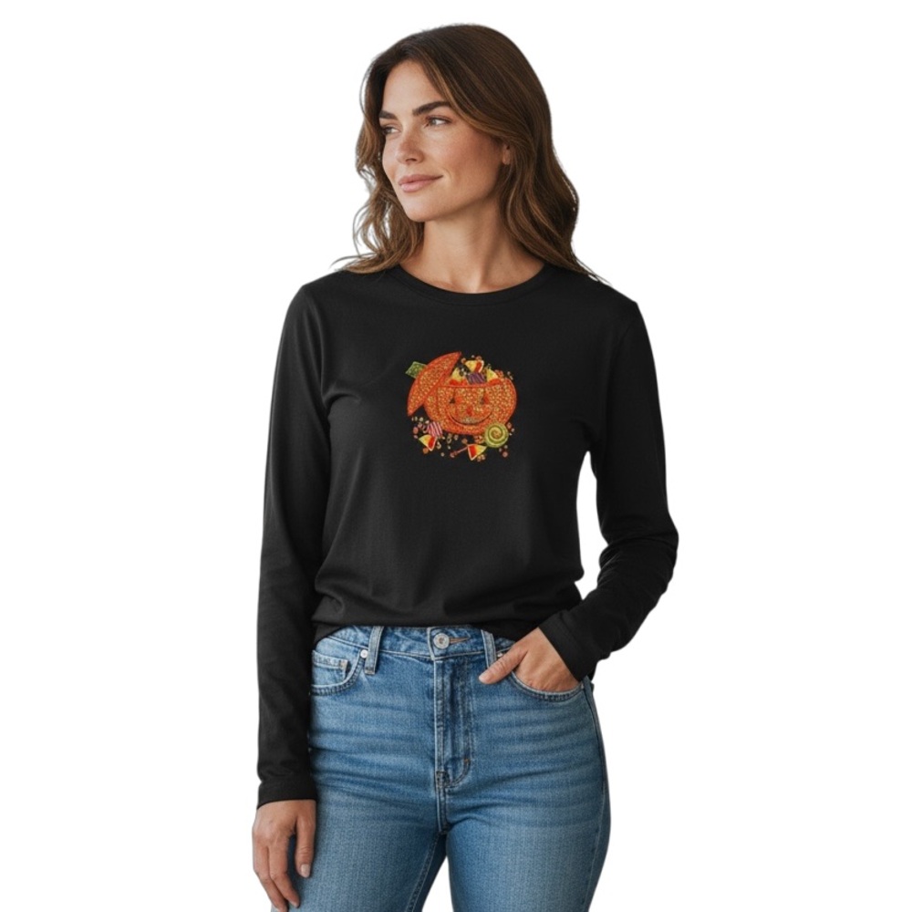 Designers Originals Black Long Sleeve‎ Top with Orange Pumpkin Design